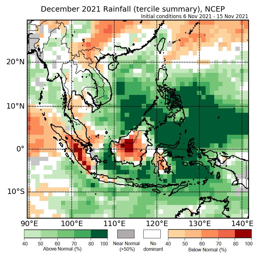 Figure 1: Rainfall tercile summary predictions of NCEP model for December 2021.