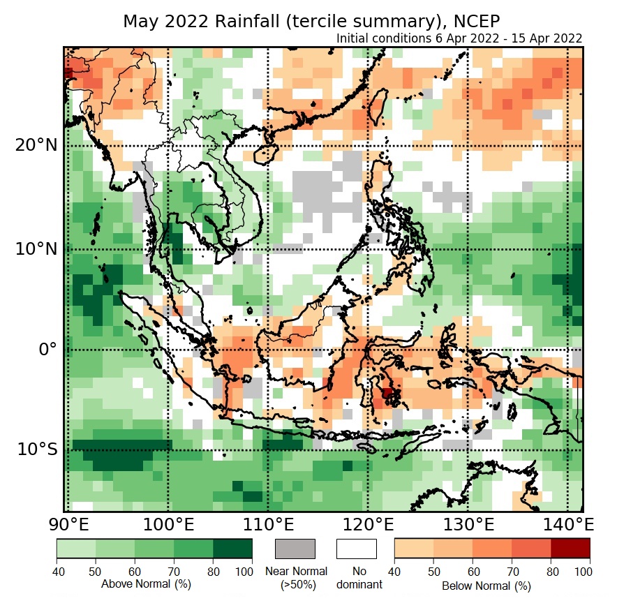 Figure 1: Rainfall tercile summary predictions of NCEP model for May 2022.